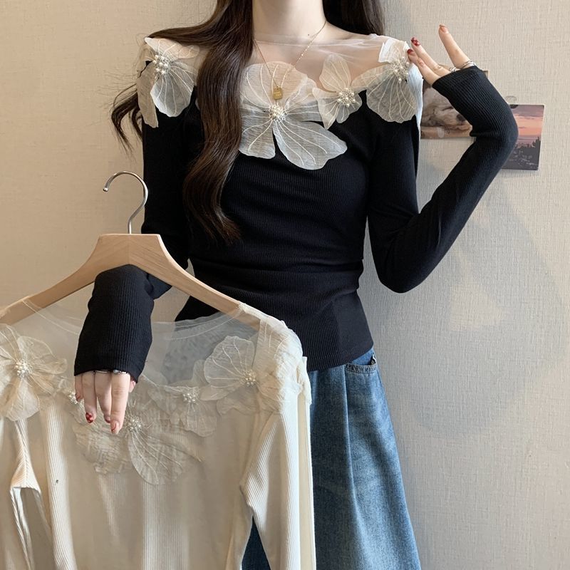 [260g cotton modal] three-dimensional flower long sleeve T-shirt women's slim fit small shirt atmosphere top apricot