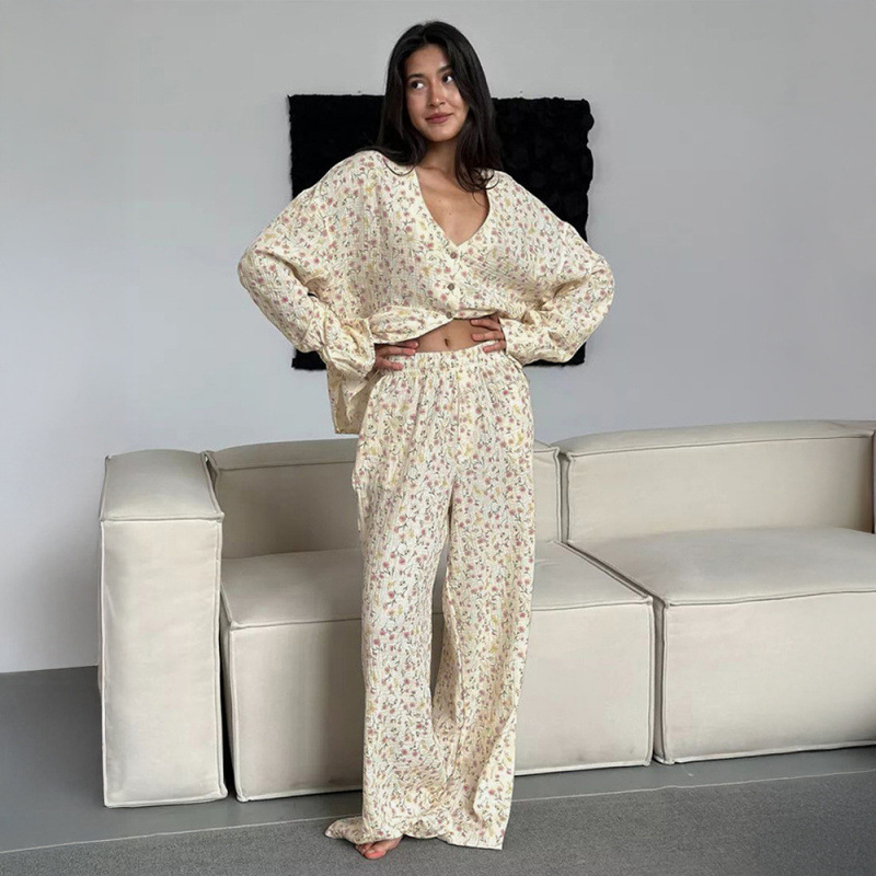 Cross-Border Pure Cotton Printed Long Pants Pajama Set European and American 2026 Autumn New Cardigan Pajamas Foreign Trade Loungewear for Women