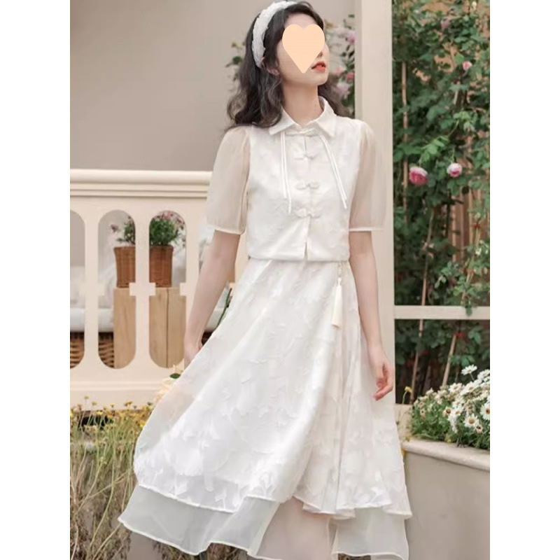 新中式改良旗袍国风连衣裙套装女2025夏新款汉服开衫吊带裙两件套|undefined