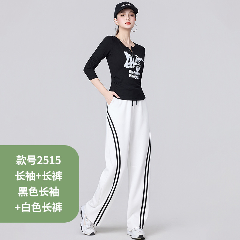 2025年早秋新款时尚百搭字母涂鸦修身T恤运动宽松显瘦弯刀裤套装|undefined