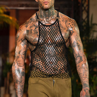 European and American Men's Fishing Net Vest Mesh Transparent Vest Men's Sense Perspective Breathable I-Mesh Vest Trendy Male Student