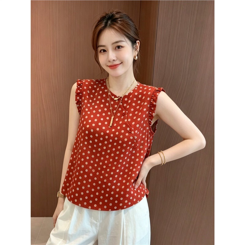 French-Style Retro Red Polka Dot Sleeveless Shirt for Women, Summer 2026, Stylish Design with a Youthful Look, Ruffled Edge Top