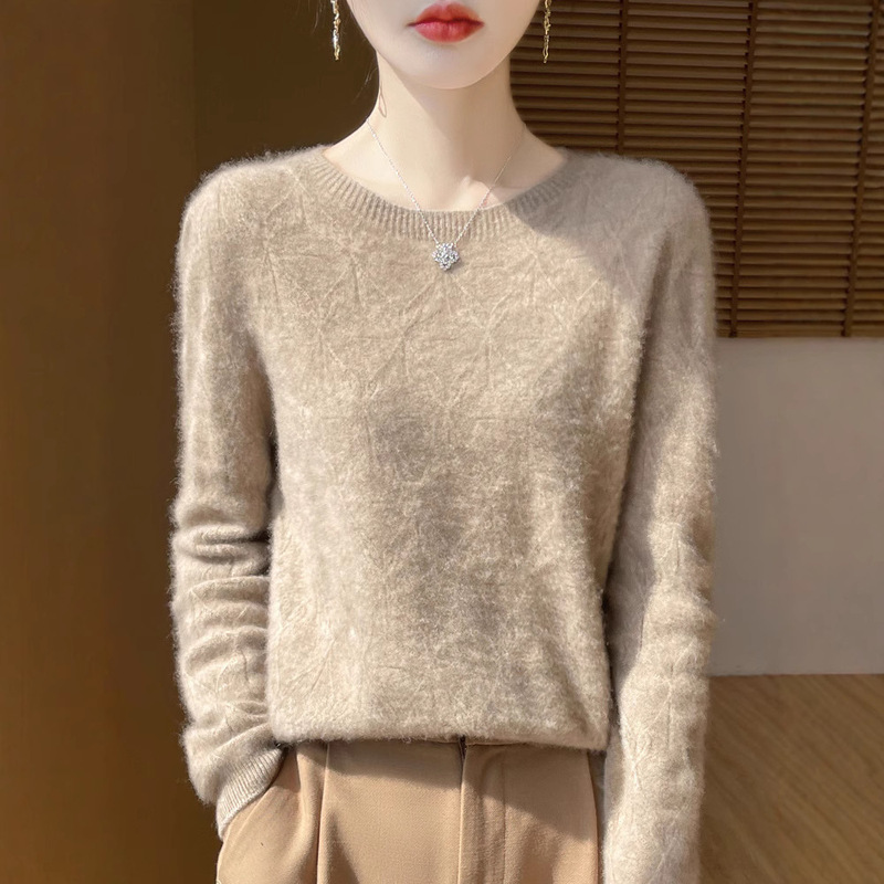 Autumn and Winter First-Line Clothing 100 Pure Wool Sweater Women's Round Neck Hollow Long Sleeve Knitted Sweater Loose Cashmere Base Shirt