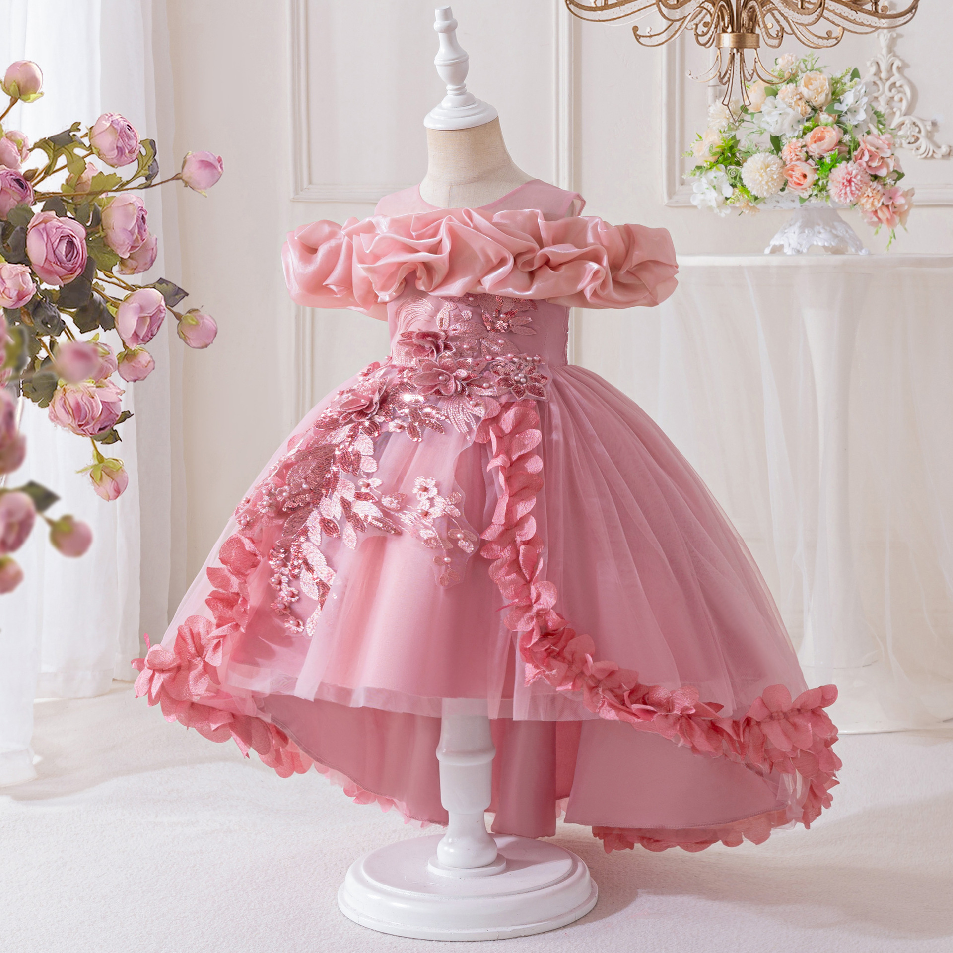 Amazon vestido infantil de lujo ligero red vestido de princesa vestido de boda banquete piano show vestido de hombro