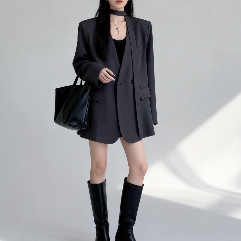 Ribbon Collarless New Casual Suit Jacket for Women Spring and Autumn High-End Design Loose Slimming Belt Temperament Suit Ribbon Collarless New Casual Suit Jacket for Women Spring and Autumn High-End Design Loose Slimming Belt Temperament Suit