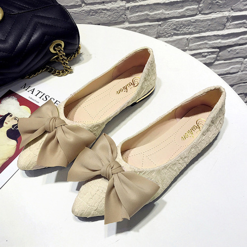 Women's New Beaded Shoes 2024 Spring Pointed-Toe Spring and Autumn Versatile Flat Shoes with Bow Knot Flat Flat-Sole Women's Shoes