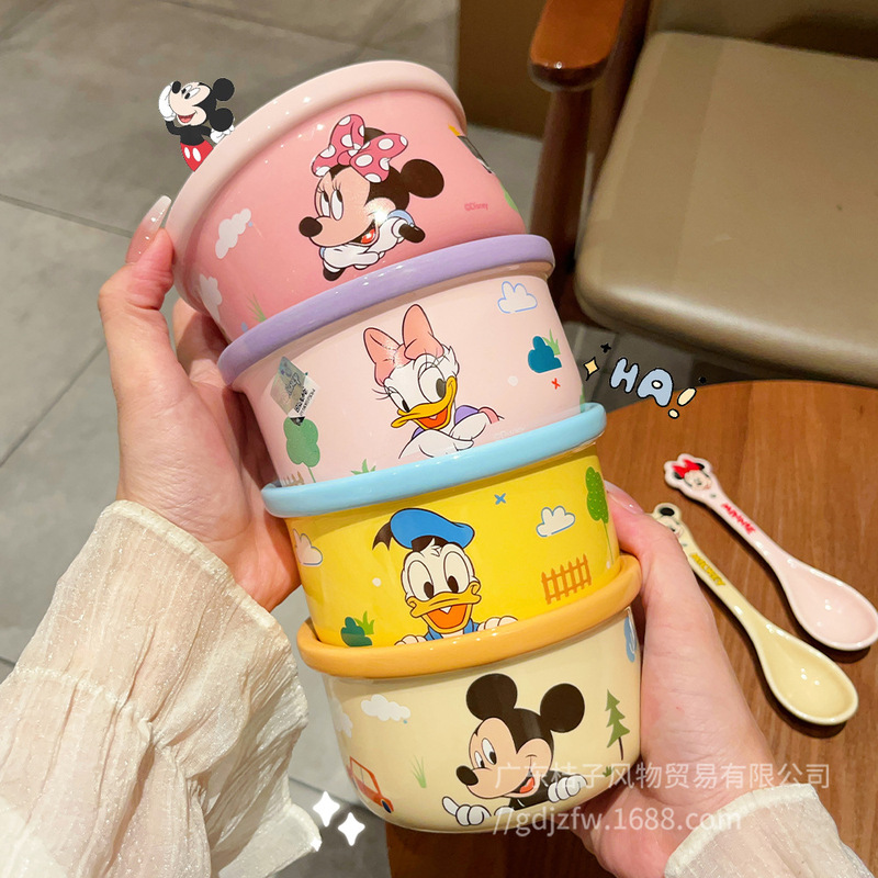 Mickey and Minnie co-branded cartoon rice bowl, personal use cute bowl and spoon, household ceramic bowl, children's bowl, high aesthetic value Mickey and Minnie co-branded cartoon rice bowl, personal use cute bowl and spoon, household ceramic bowl, children's bowl, high aesthetic value