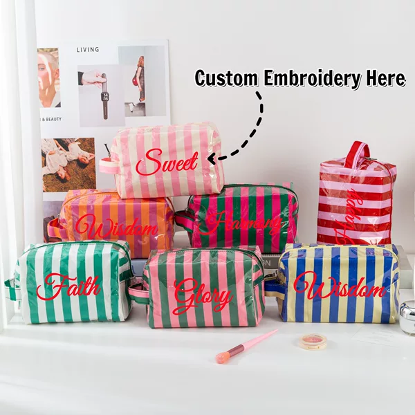 Cross-Border New Pvc Striped Makeup Bag Zipper Cosmetics Storage Bag Waterproof Travel Toiletry Bag