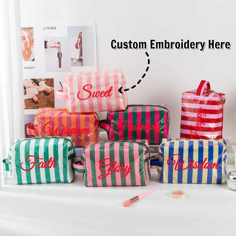 Cross-Border Etsy New Pvc Striped Cosmetic Bag Zipper Cosmetics Storage Bag Waterproof Travel Toiletry Bag