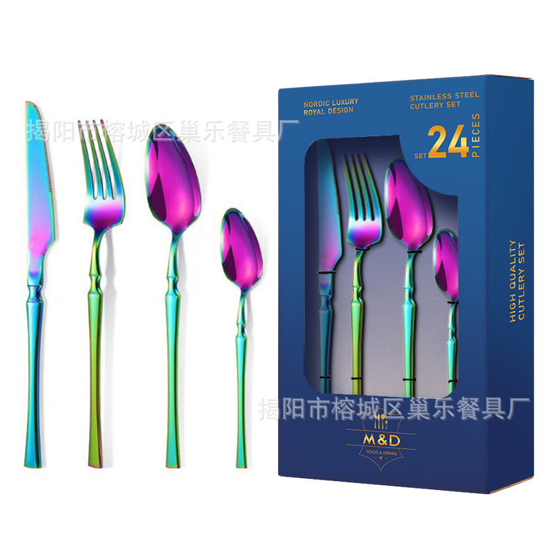 Acero inoxidable cubiertos de comida occidental 24 piezas hotel regalo de negocios de alta calidad puede personalizar logotipo cuchillo de filete tenedor conjunto de cucharas