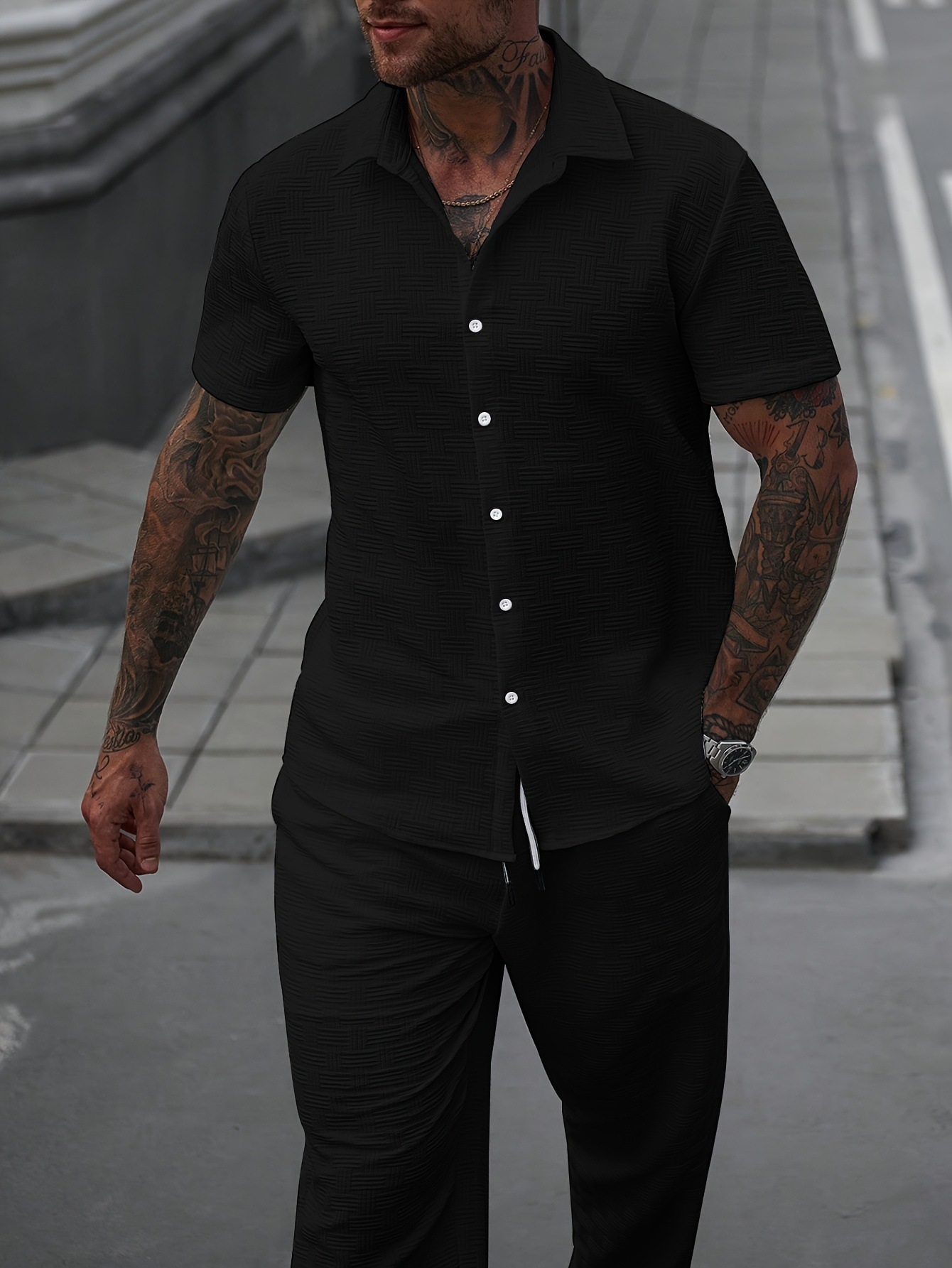 Men's Solid Color Summer Casual Set Single-Breasted Short Sleeve Shirt And Pants Outfit_viptrois.com