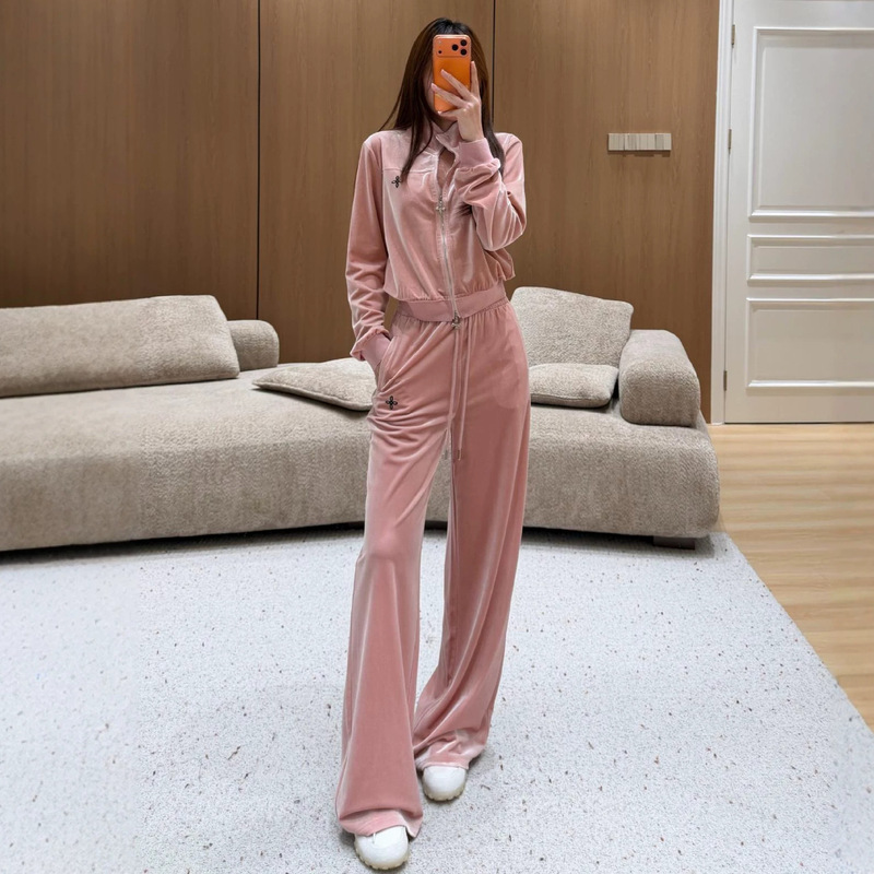 Velvet cropped stand-up collar sports two-piece set for women, Nanyou double-zipper top and elastic drawstring wide-leg pants set Velvet cropped stand-up collar sports two-piece set for women, Nanyou double-zipper top and elastic drawstring wide-leg pants set