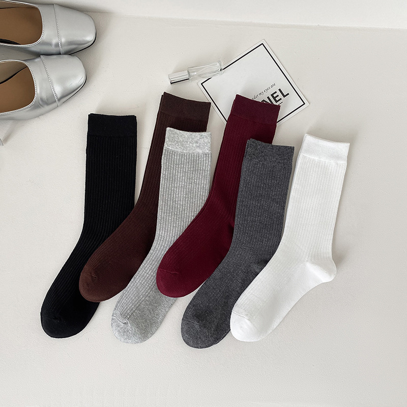 Ankora Red Socks Women's Mid-Calf Socks Ins Trendy Pull-Up Socks Pure Color Pile Socks Burgundy Cotton Socks Women's Long Socks