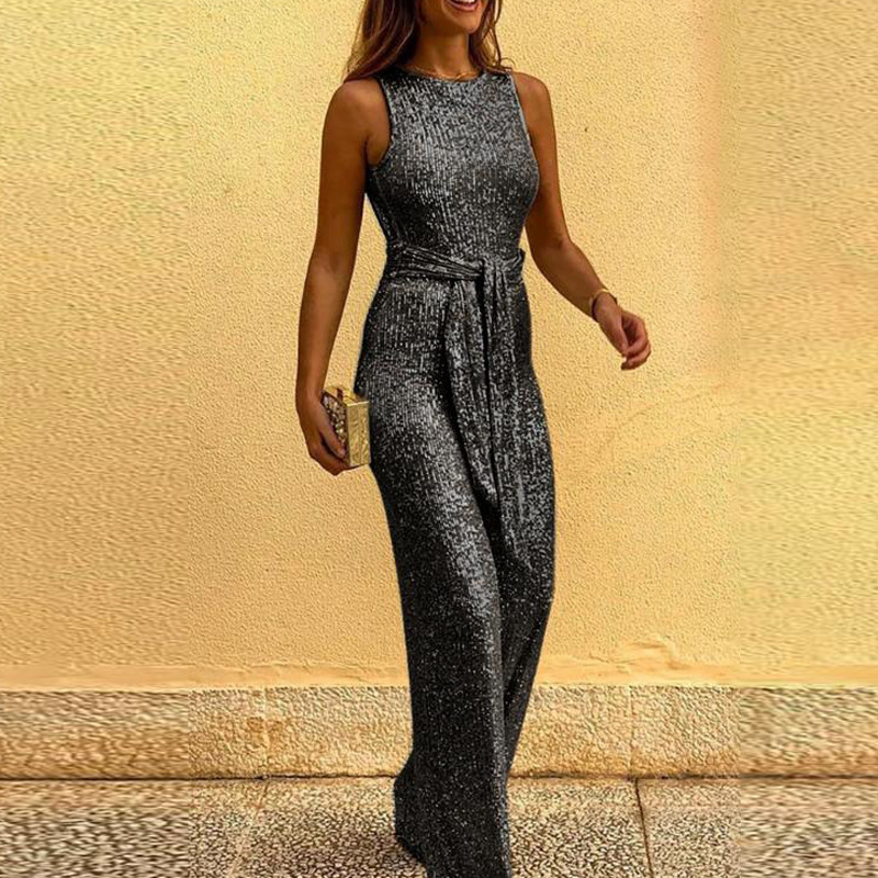 2023 transfronterizo deseo europeo y americano eBay Amazon cuello redondo sin mangas personalizado lentejuelas plata punto mono Comercio exterior ropa de mujer