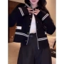 圆领条纹镶边显瘦女外套