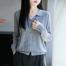 2025年早秋新款精纺羊毛翻领针织开衫长袖女提花宽松百搭上衣外套