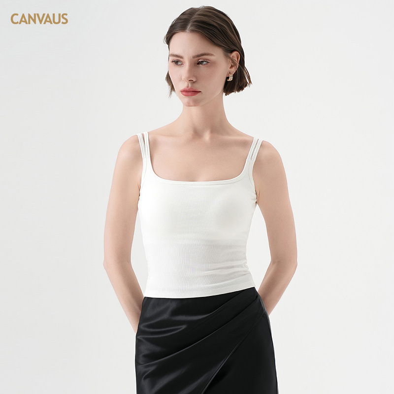 Canvaus One-Line Tie Chest Pad Camisole Women's New Ribbed Short Pure Color Navel-Baring Bottoming Top Summer