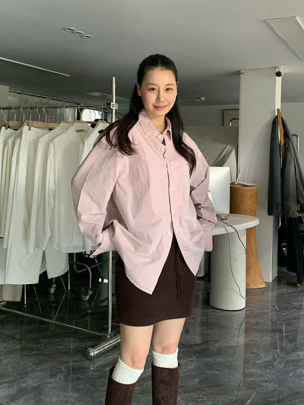 SROOM十三行单排扣开衫长袖松弛抗皱洗水纯色宽松阔肩翻领衬衫女|undefined