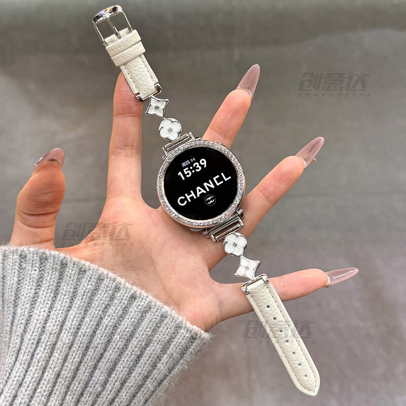 Suitable for Huawei Gt6 Watch Strap Gt5 Metal Four-Leaf Clover with Pebbled Leather Gt4 Leather Watch5 Girls Wristband