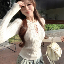 圆领镂空针织衫女秋冬修身长袖加厚麻花毛衣打底内搭辣妹紧身上衣
