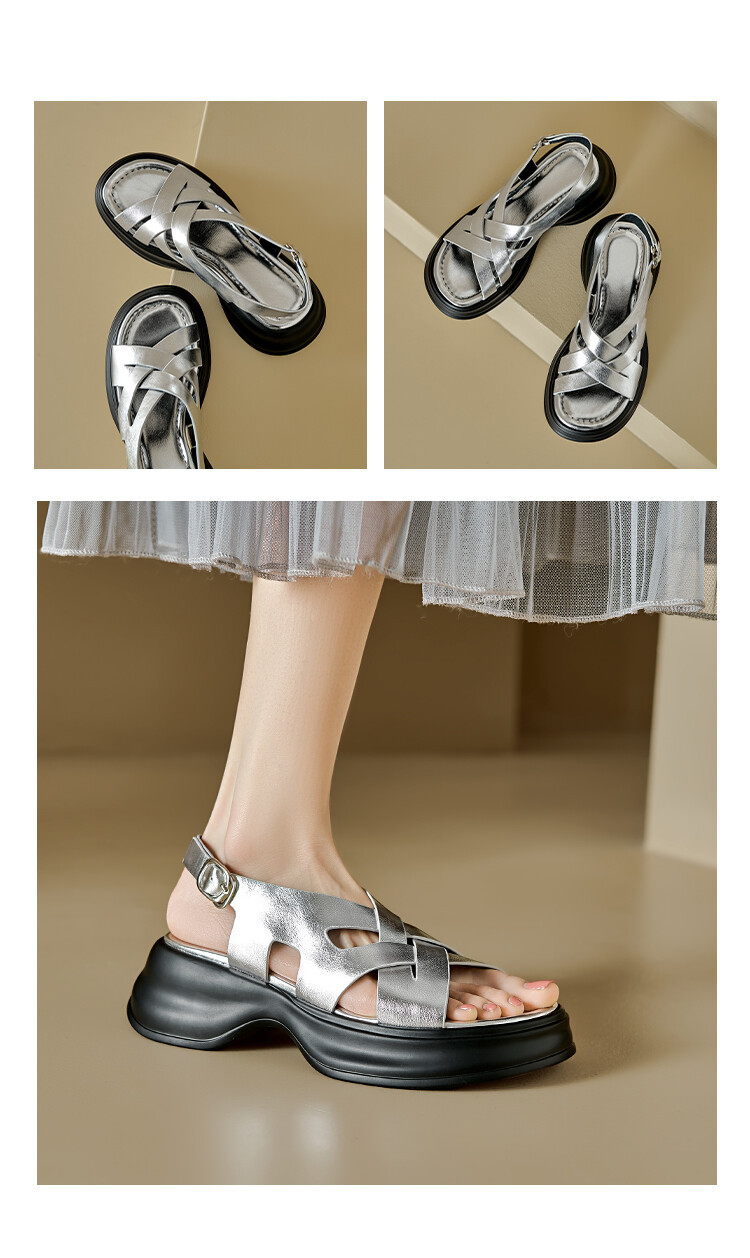 Sandal da cừu đế dày hở ngón tăng chiều cao nữ — Màu bạc, Màu mơ chi tiết 7