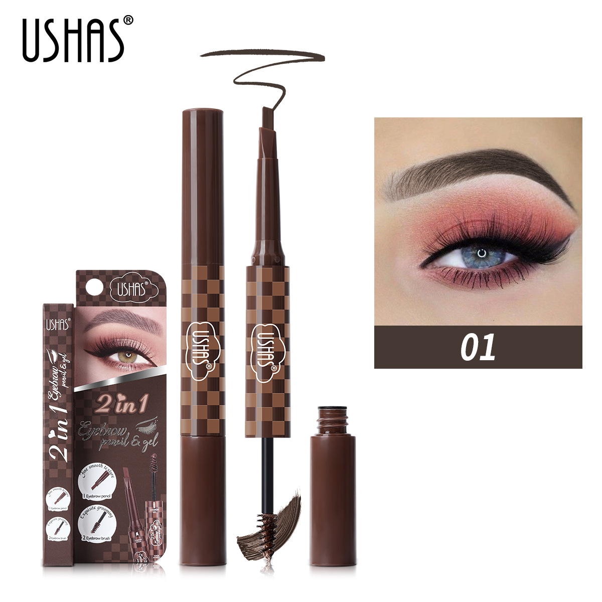 USHAS European and American Cross-border spot 3 colores multifunción no mancha impermeable a prueba de sudor lápiz de cejas cepillo de cejas caja de venta directa de fábrica