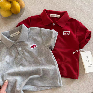Children's Short-Sleeved Polo Shirt 2025 Summer New Style Heart T-Shirt for Boys and Girls Baby Pure Cotton Style Lapel Top