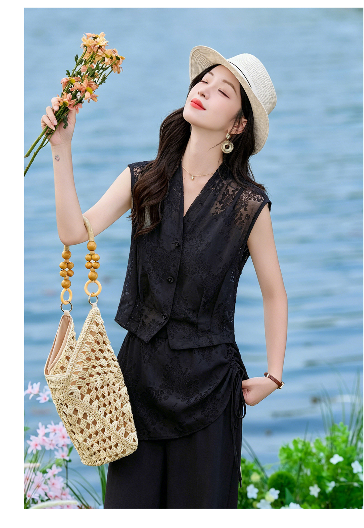 Bộ vest nữ không tay kết hợp quần ống rộng phối ren YQ9913 — màu đen, màu trắng ngà chi tiết 21