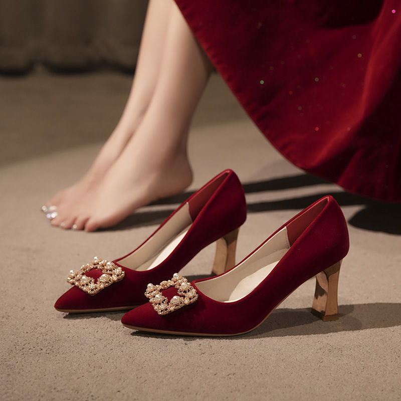 775-89/575-89 In-Stock Burgundy Pointed-Toe Floral Pearl Square Buckle Xiuhe Wedding Shoes Women's Single Shoes Bridal Shoes