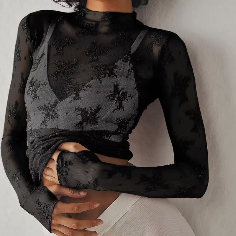 2024 Amazon Cross-Border See-Through Lace Top Mesh Multi-Color Base Shirt Trendy T-Shirt European and American Style 2024 Amazon Cross-Border See-Through Lace Top Mesh Multi-Color Base Shirt Trendy T-Shirt European and American Style