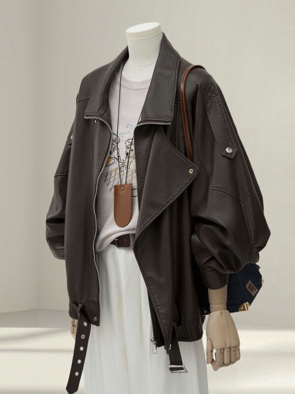 Brown heavy-duty leather jacket for women, 2025 spring/autumn new cool and stylish biker jacket, women's leather jacket Brown heavy-duty leather jacket for women, 2025 spring/autumn new cool and stylish biker jacket, women's leather jacket