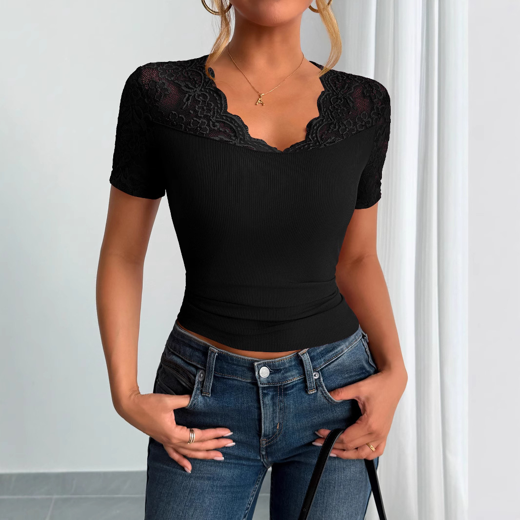 Top da donna a maniche corte con bordo in pizzo, casual ed elegante, con scollo e polsini dettagliati, ideale per la primavera/estate. Nuovo arrivo._voghion.com