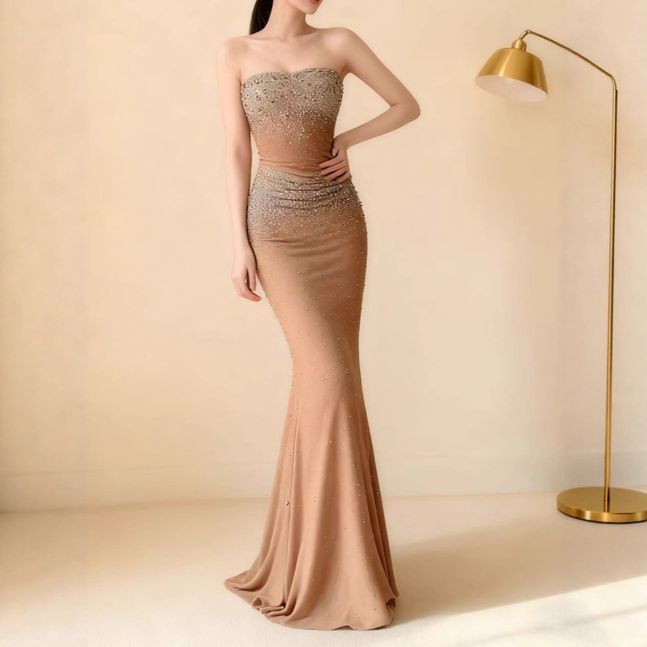 High-End Heavy-Duty Tube Top Beaded High-End Rhinestone Slim French Long Skirt Women's Full Diamond Party Annual Party Dress