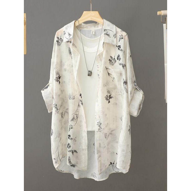 New Extra-Large Size 150kg New Chinese-Style Ink Wash Tie-Dye Women's Shirt, Summer Loose-Fitting Ultra-Fairy Thin Jacket
