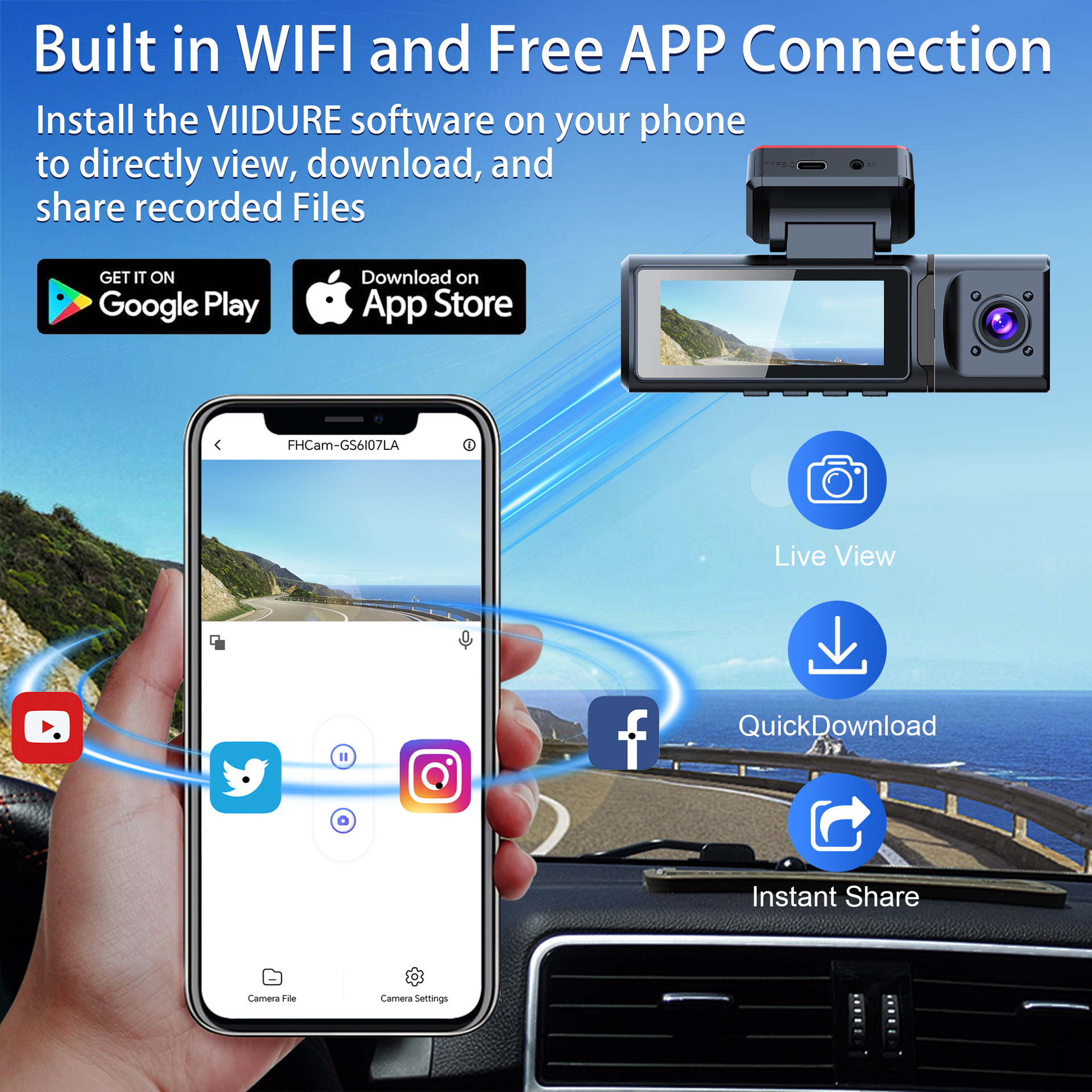 Night Vision Three-Lens 4K Wifi Connected Parking Monitoring Reversing Video Dash Cam 24-Hour Parking Monitoring