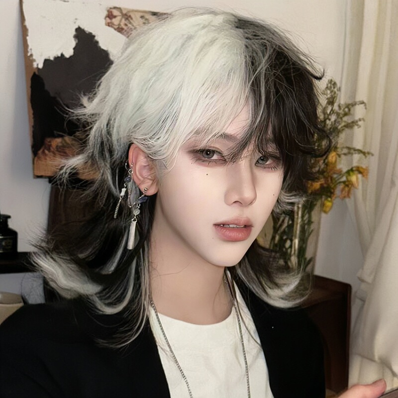 Wolf Tail Double Ponytail Wig Black and White Double Mullet Head Unisex Japanese Junior Antique Neutral Daily Headgear
