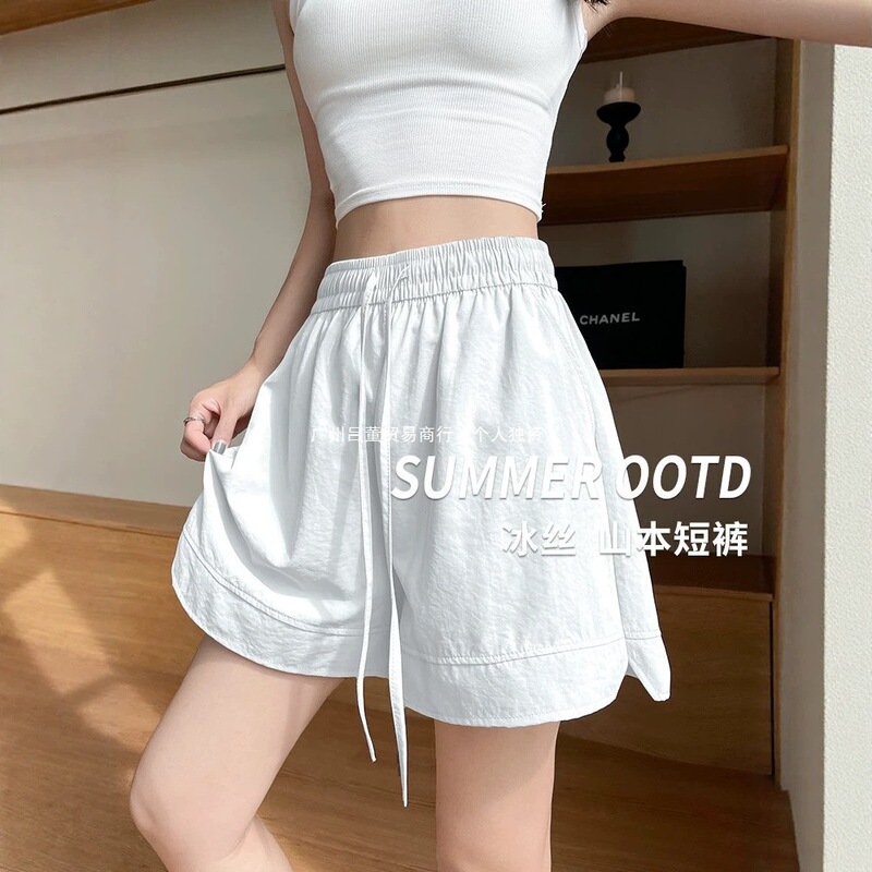White ice silk quick-dry shorts for women, summer 2026 new model, casual loose fit, plus size, for plus-size women, knee-length sports shorts White ice silk quick-dry shorts for women, summer 2026 new model, casual loose fit, plus size, for plus-size women, knee-length sports shorts