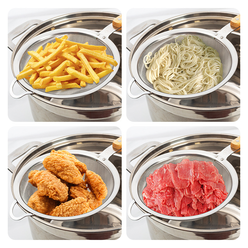 Colador de acero inoxidable 304 mango de madera anti-escaldado filtro de harina cuchara de escoria de aceite rejilla de aceite de cocina doméstica