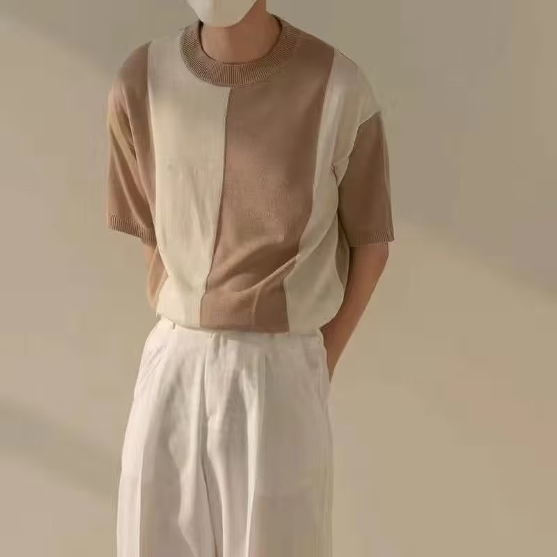 Maglietta estiva a maniche corte da uomo, di alta qualità, con scollo rotondo lavorato a maglia e strisce verticali_voghion.com