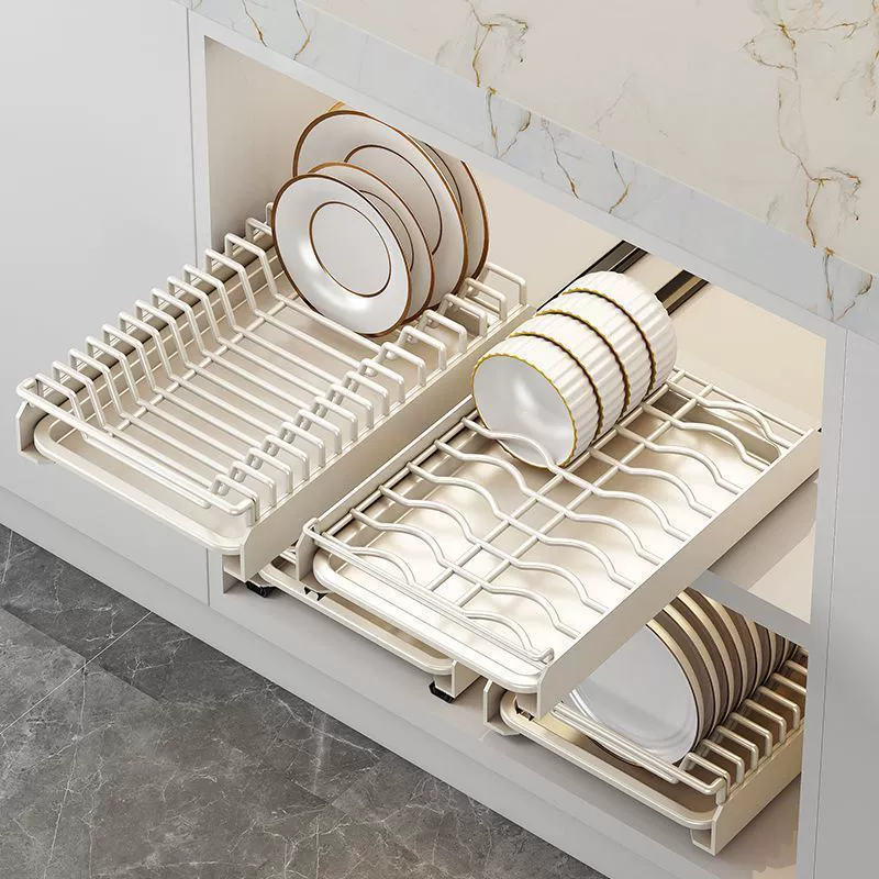 Kitchen Dish Storage Rack with Built-In Cabinet and Pull-Out Drawer - Upgraded Smooth Guide Rails