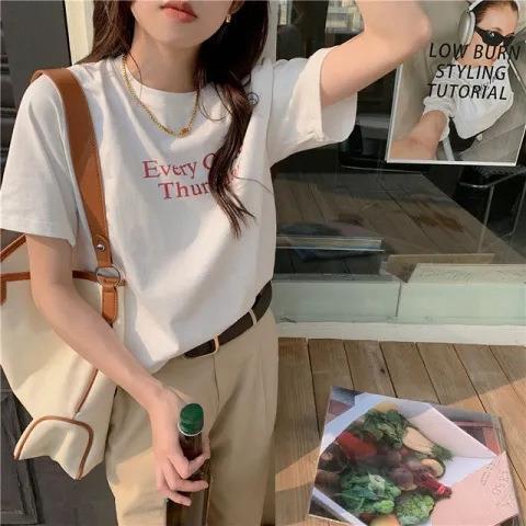 灰色圆领短袖t恤女2025年新款夏季韩版字母印花宽松休闲上衣ins潮