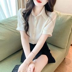 シフォンシャツレディース半袖2025夏の新しいファッションデザインニッチ気質プロフェッショナルレディースシャツトップ