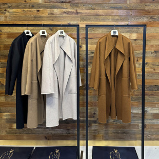 Max Water Ripple Women's Long Autumn and Winter Long-Sleeved Collar Jacket with Style Strap Lilia Double-Sided Cashmere Coat