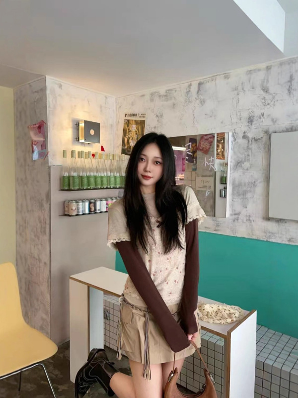 For南油新款25早秋碎花吊带背心假两件套头长袖T|undefined