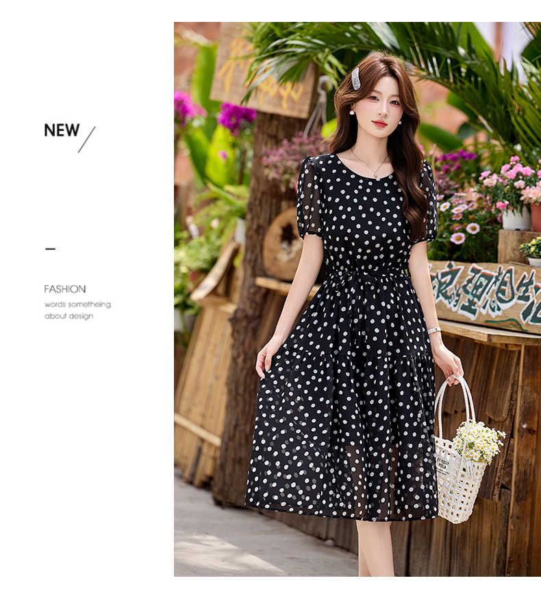 Đầm maxi nữ thắt eo chấm bi tay ngắn phong cách thời trang — màu đen, màu trắng chi tiết 12
