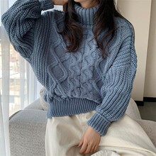 韩版休闲慵懒风秋冬新款高领毛衣女纯色麻花宽松长袖粗线针织上衣