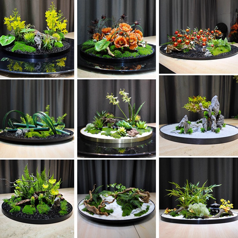 Original Dining Table Flower Large Round Turntable with New Chinese Style Soft Decoration Miniature Landscape Bonsai Floral Sand Table in the Middle