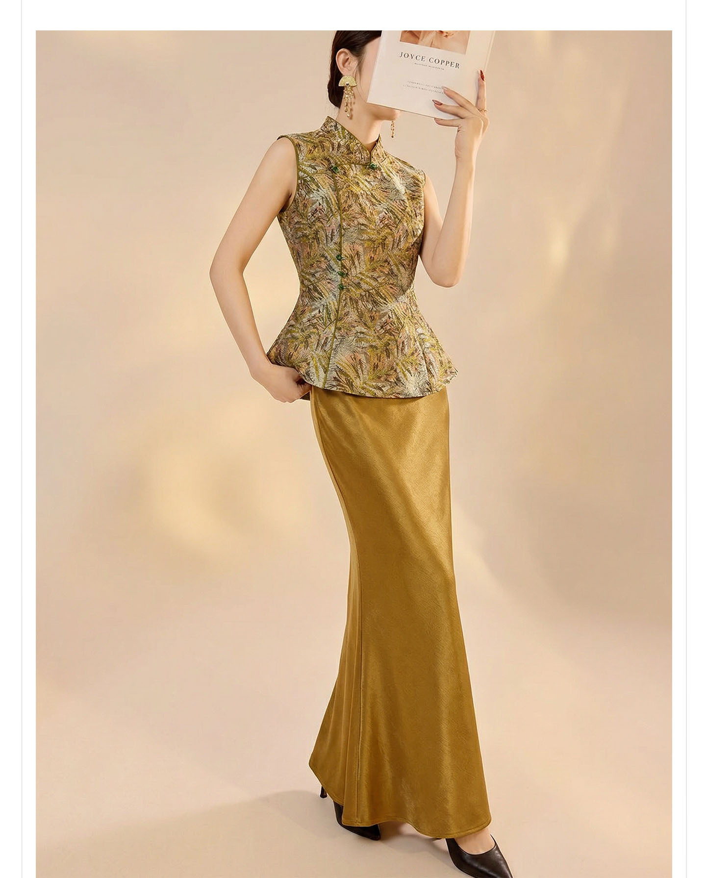 Set áo gi-lê không tay cổ đứng + chân váy midi jacquard phong cách Trung Quốc mùa hè — Màu xanh lá cây nửa váy, vàng nửa váy, Áo khoác xanh chi tiết 8