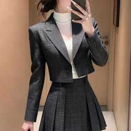 感法式小香风两件套装裙秋冬新款富家千金外套上衣百褶短裙女