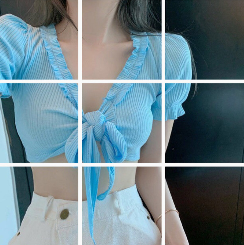 Summer Ear Bow Short Cropped V-Neck Top Design Short Sleeve T-shirt Women's 8353 Blue Strap T-shirt Summer Ear Bow Short Cropped V-Neck Top Design Short Sleeve T-shirt Women's 8353 Blue Strap T-shirt
